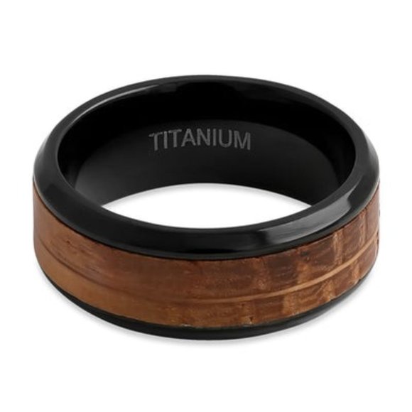 Titanium Black and Whisky Barrel Wood 8mm Band Ring - Picture 1 of 4